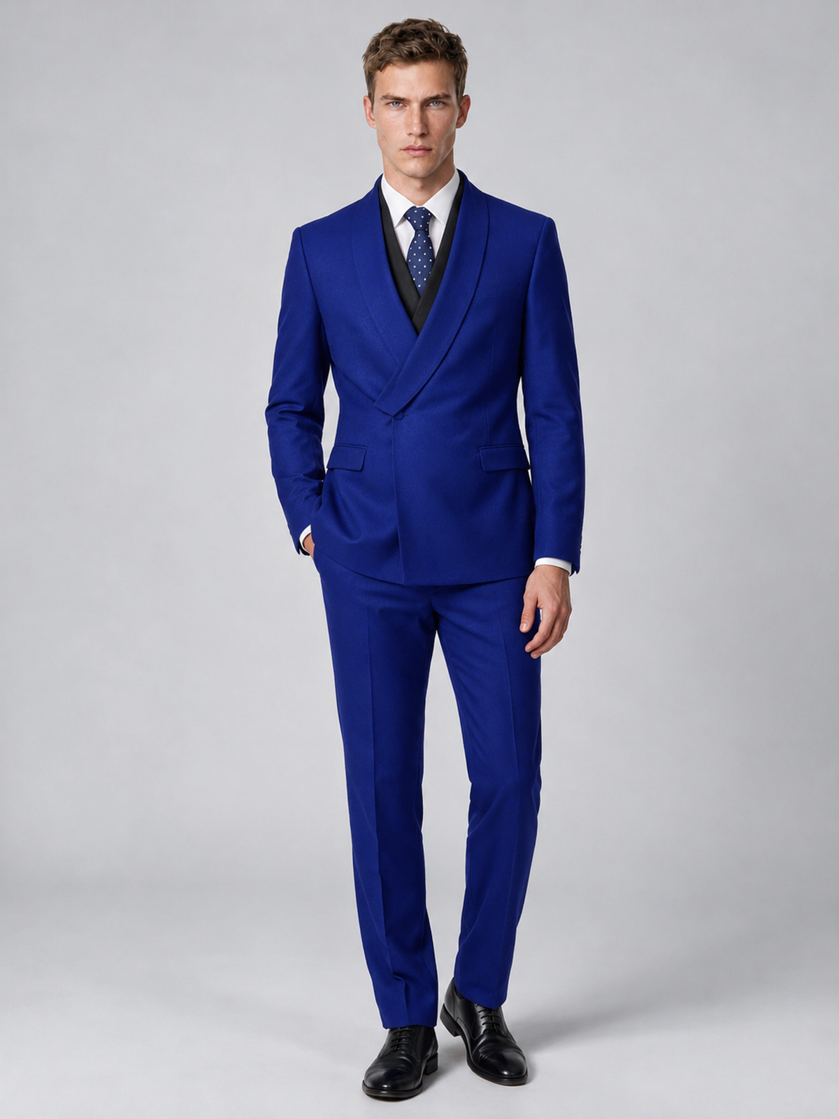 Savile Men's Royal Blue Wrap Shawl Lapel 2-Piece Suit Set – Modern Jacket & Trousers