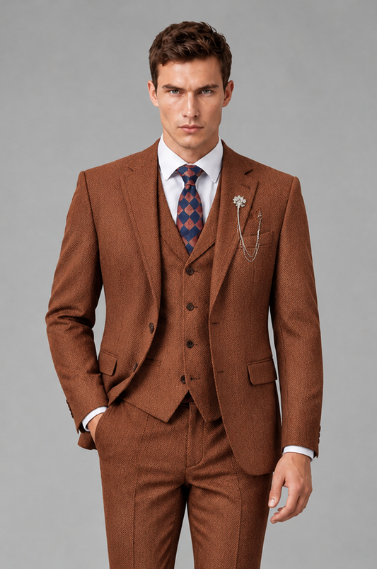 Savile Men's Grey Notch Lapel 3-Piece Suit Set | Jacket, Vest & Trousers - Rust - Rust