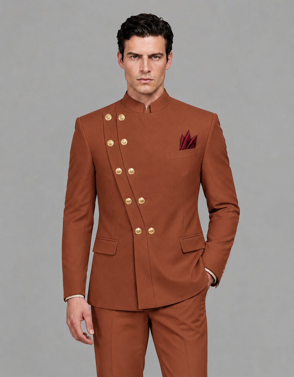 BOLODOO Men's Rust Asymmetrical Mandarin Collar Tuxedo Suit – Modern 2-Piece Gold Button Wedding, Prom & Gala Set - Rust - Rust_01