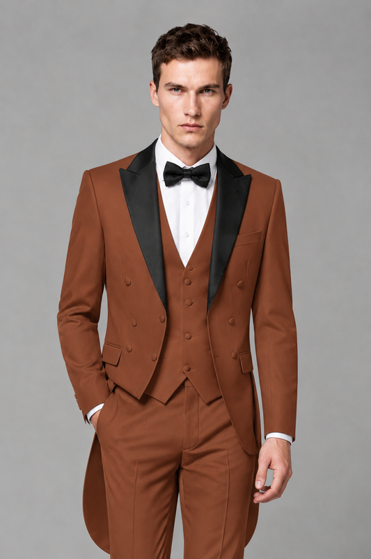 Savile Rust 3-Piece Tailcoat Tuxedo Suit with Black Peak Lapel - Rust - Rust_01