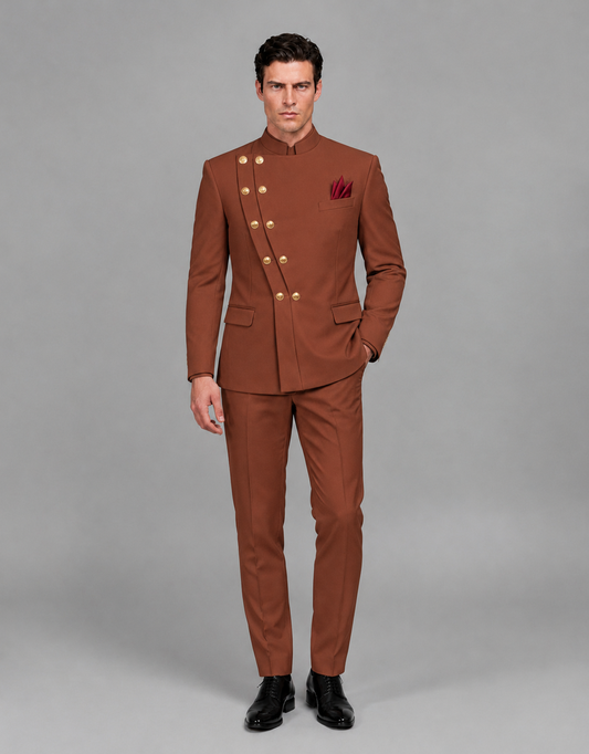 BOLODOO Men's Rust Asymmetrical Mandarin Collar Tuxedo Suit – Modern 2-Piece Gold Button Wedding, Prom & Gala Set - Rust - Rust_02