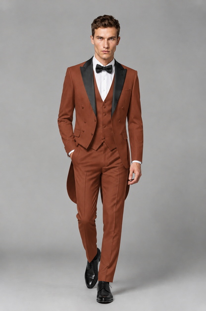 Savile Rust 3-Piece Tailcoat Tuxedo Suit with Black Peak Lapel - Rust - Rust_02