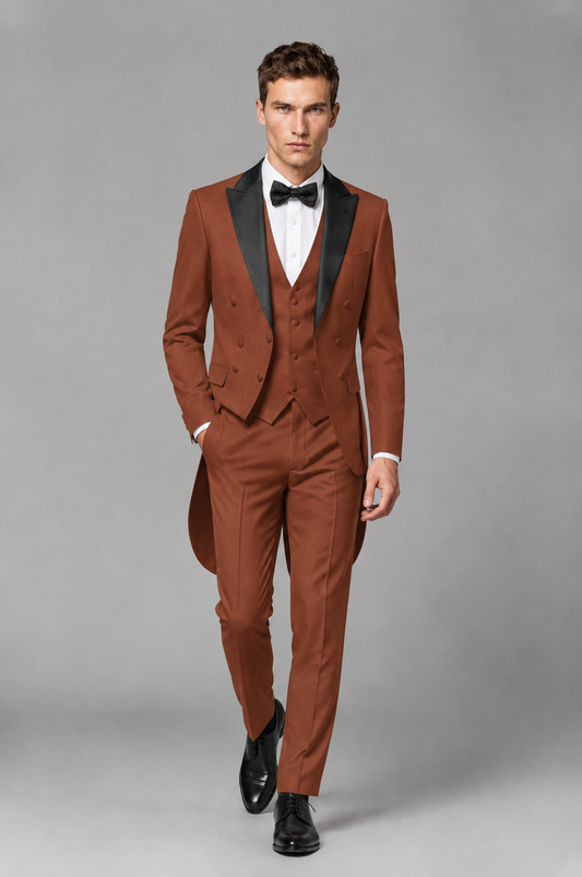 Savile Rust 3-Piece Tailcoat Tuxedo Suit with Black Peak Lapel - Rust - Rust_02