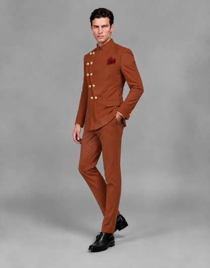 BOLODOO Men's Rust Asymmetrical Mandarin Collar Tuxedo Suit – Modern 2-Piece Gold Button Wedding, Prom & Gala Set - Rust - Rust_04