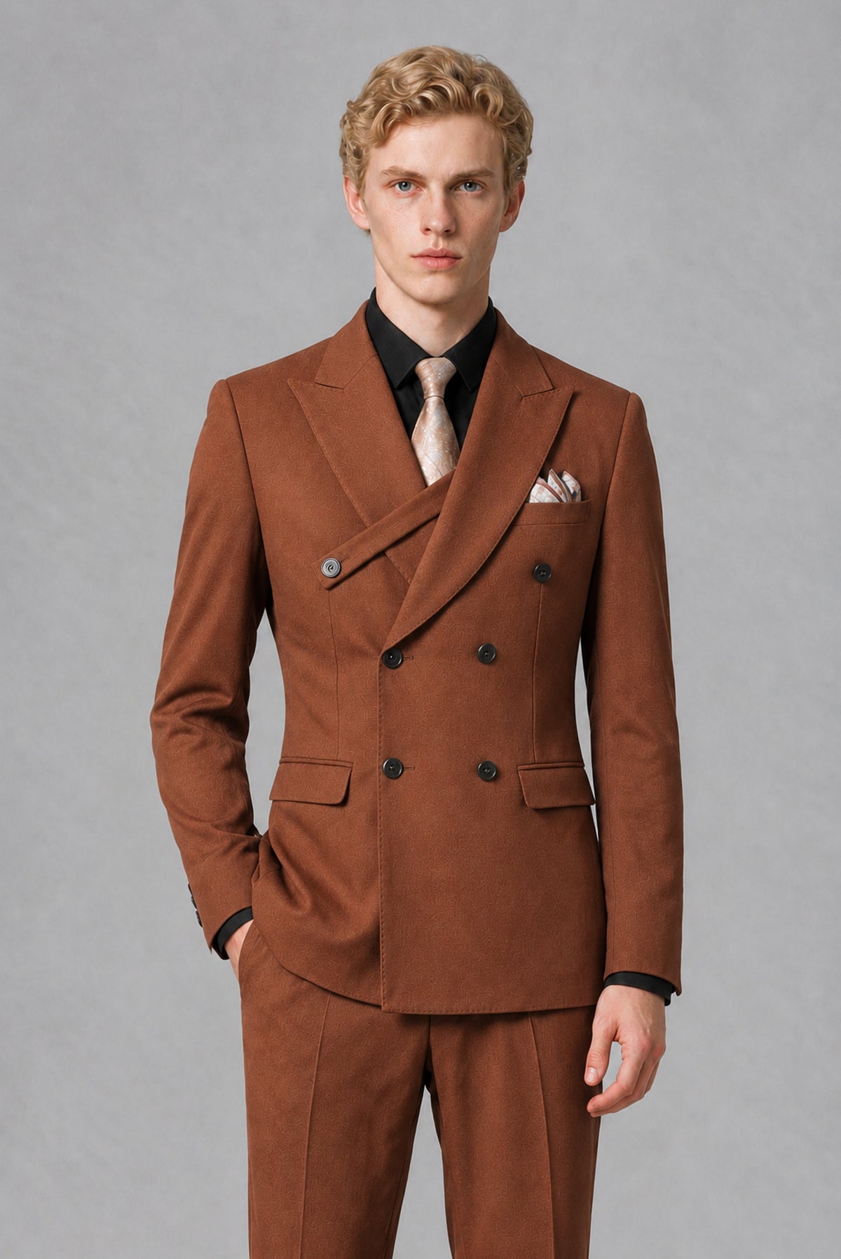 Savile Men's Rust Double-Breasted Two-Piece Suit - Rust