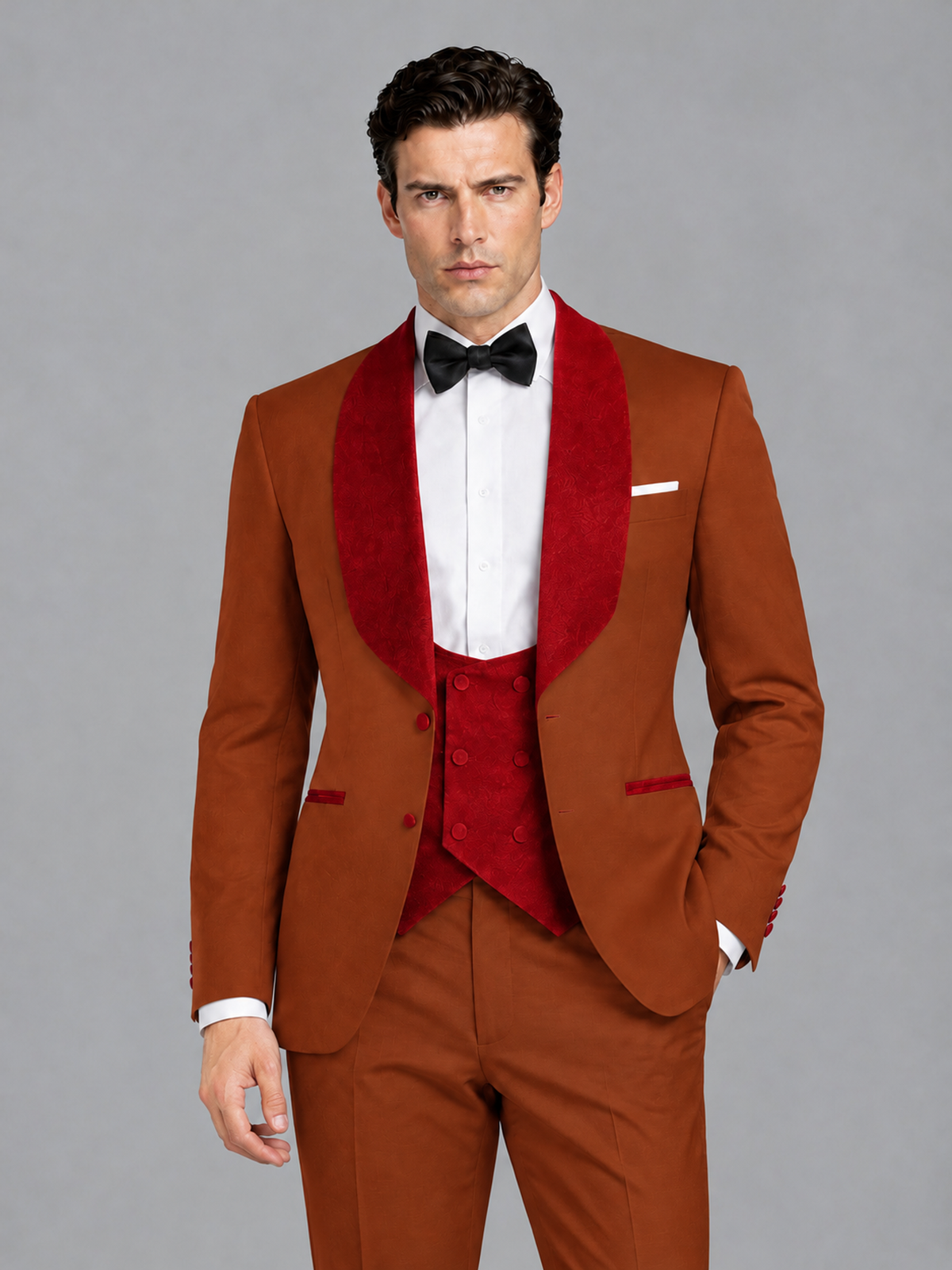 Savile Men's Rust 3-Piece Tuxedo Suit Set – Contrast Red Shawl Lapel Blazer, Red Waistcoat & Trousers - SUC020 - Rust