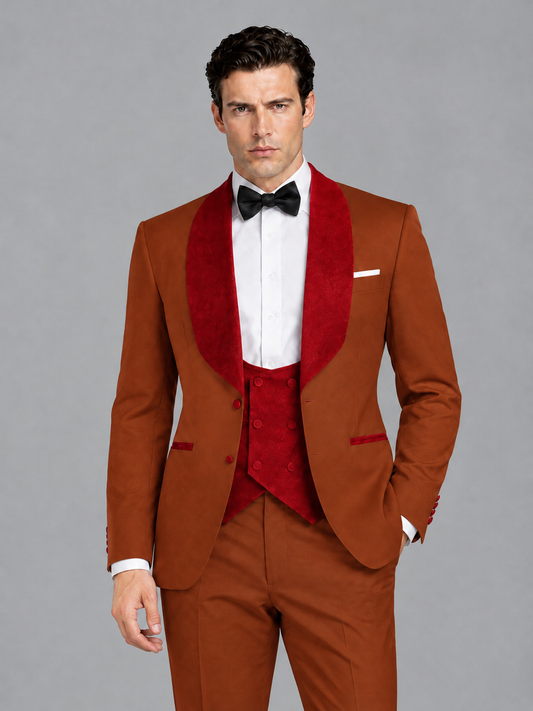 Savile Men's Rust 3-Piece Tuxedo Suit Set – Contrast Red Shawl Lapel Blazer, Red Waistcoat & Trousers - SUC020 - Rust