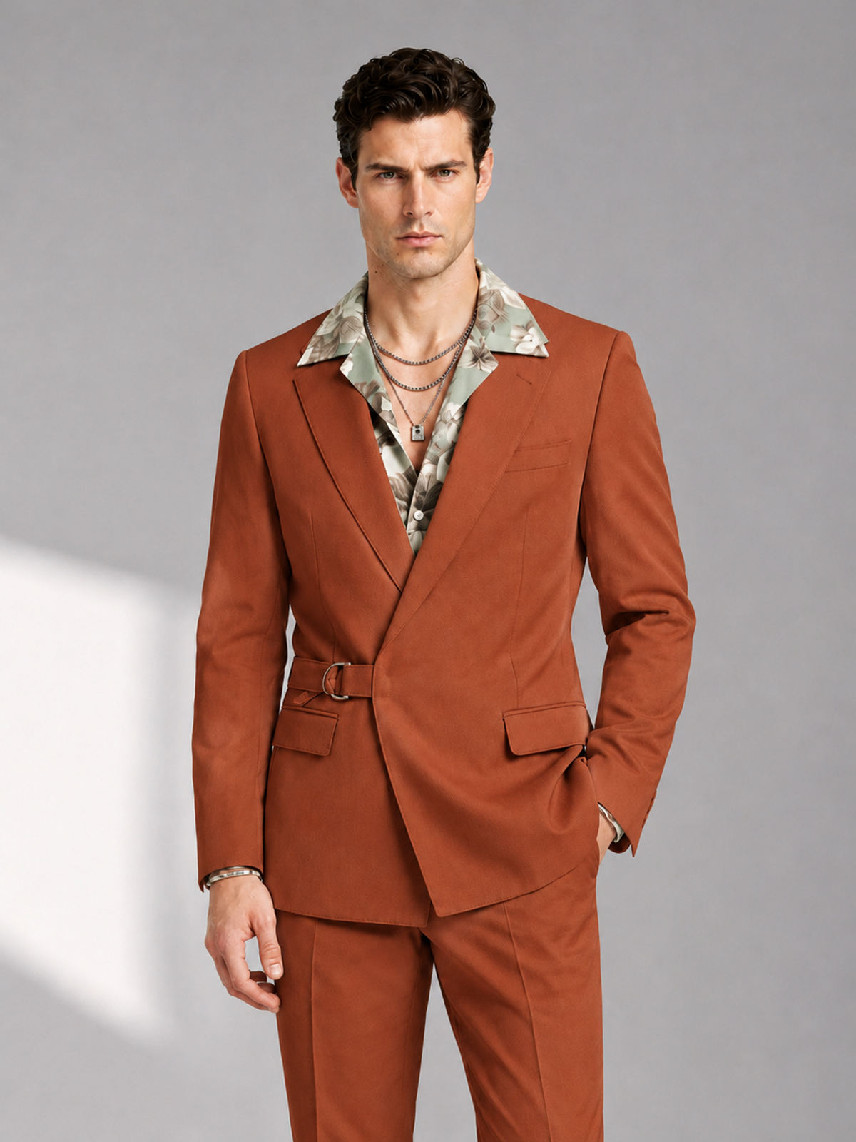 Savile Men's Rust Belted Wrap 2-Piece Suit – Peak Lapel Blazer & Tailored Trousers - SUC060 - Rust - Rust_1