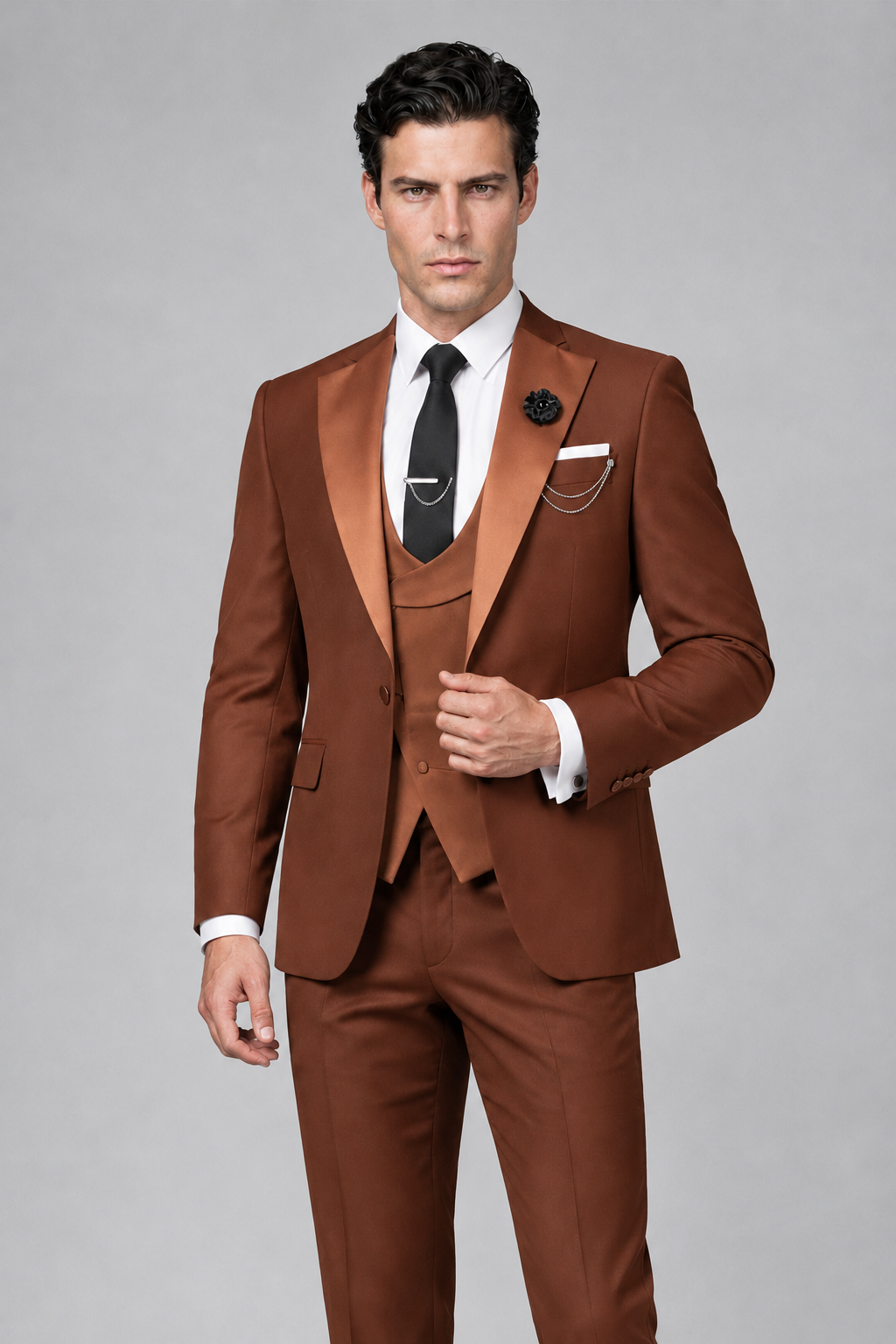 Savile Men's Rust 3-Piece Tuxedo Suit – Contrast Silver Peak Lapel & Grey Vest Formal Set - Rust - Rust_1