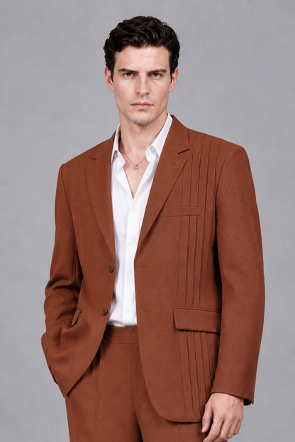 Savile Men's Rust Pleated 2-Piece Suit Set | Notch Lapel Blazer & Tailored Trousers - Rust - Rust_1