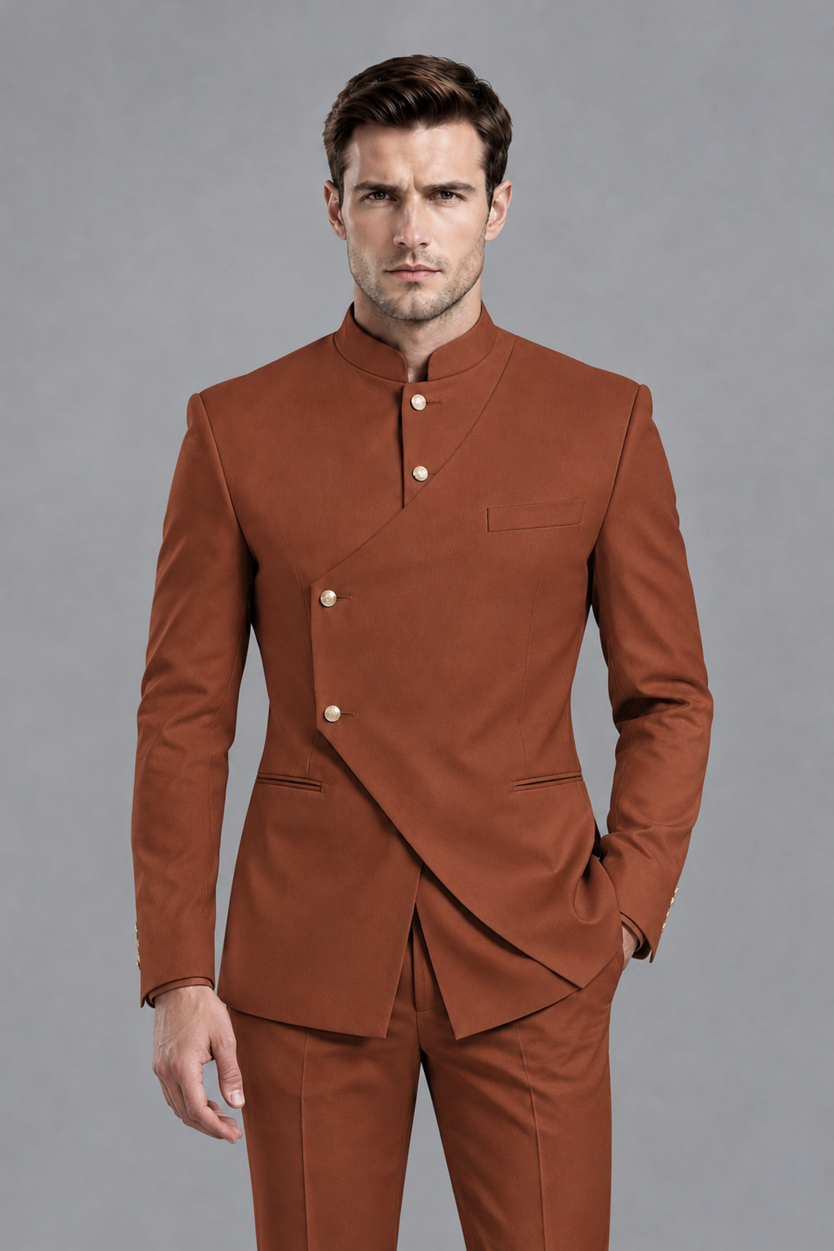 Savile Men's Rust Asymmetrical Mandarin Collar Tuxedo Suit – Modern 2-Piece Gold Button Wedding, Prom & Gala Set - Rust - Rust_1