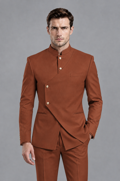 Savile Men's Rust Asymmetrical Mandarin Collar Tuxedo Suit – Modern 2-Piece Gold Button Wedding, Prom & Gala Set - Rust - Rust_1