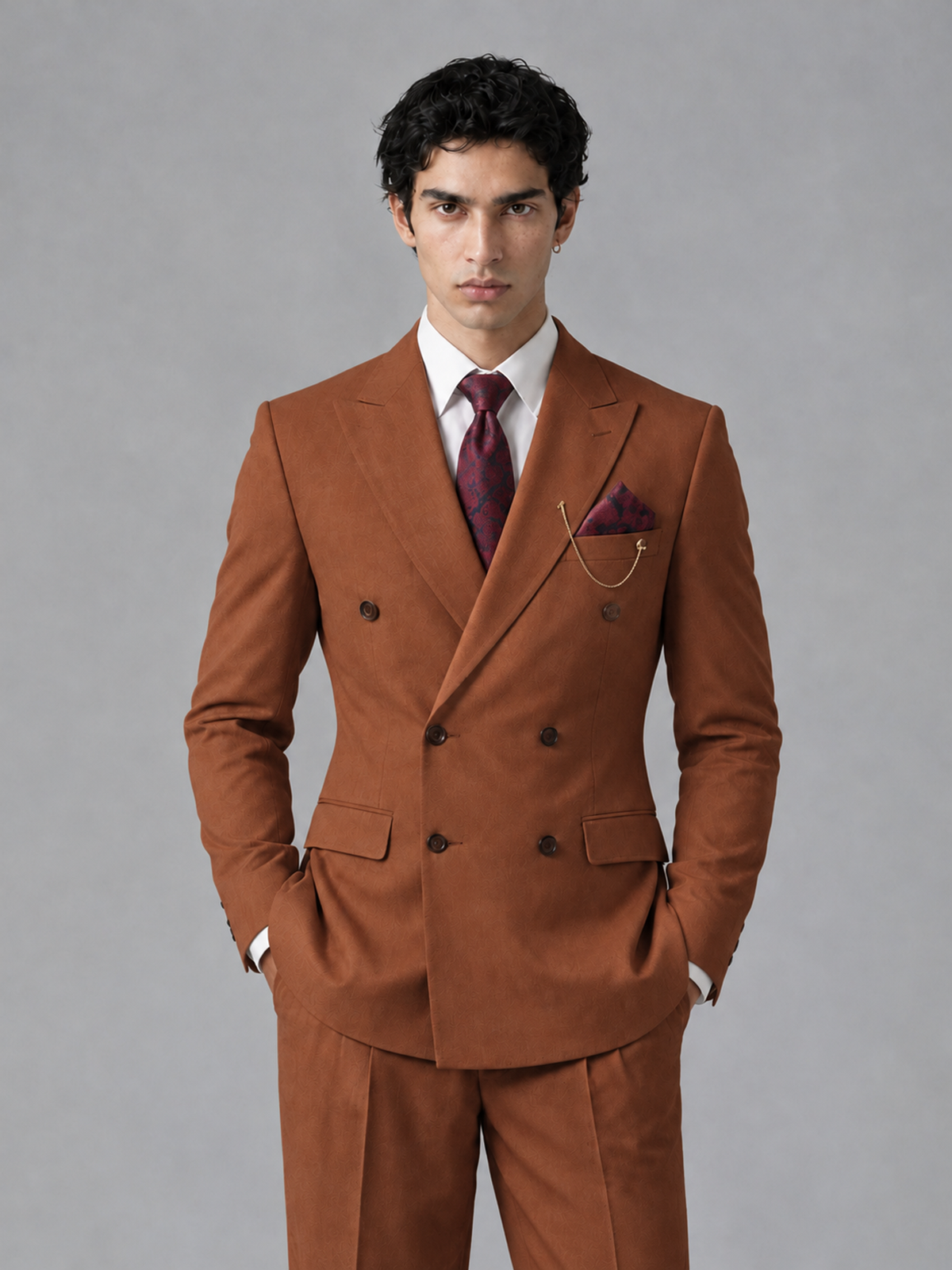 Savile Men's Rust Double-Breasted 2-Piece Suit Set – Peak Lapel Blazer & Pleated Wide-Leg Trousers - Rust - Rust_1
