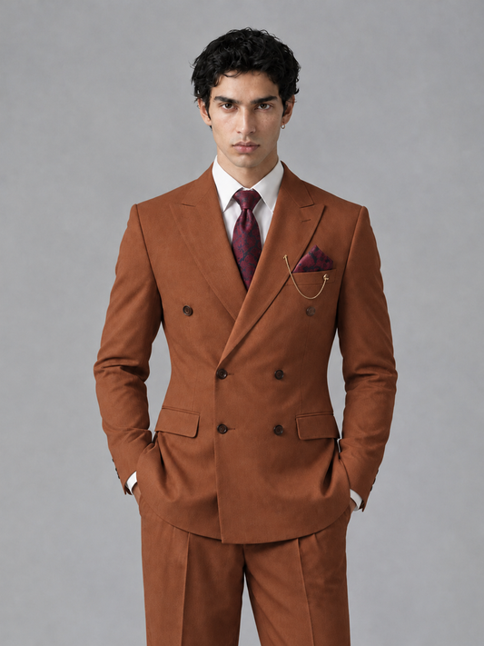 Savile Men's Rust Double-Breasted 2-Piece Suit Set – Peak Lapel Blazer & Pleated Wide-Leg Trousers - Rust - Rust_1