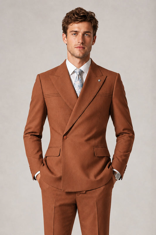 Savile Men's Rust Double-Breasted Slim Fit 2-Piece Suit Set – Peak Lapel Blazer & Cuffed Trousers | Wedding Prom Formal - Rust
