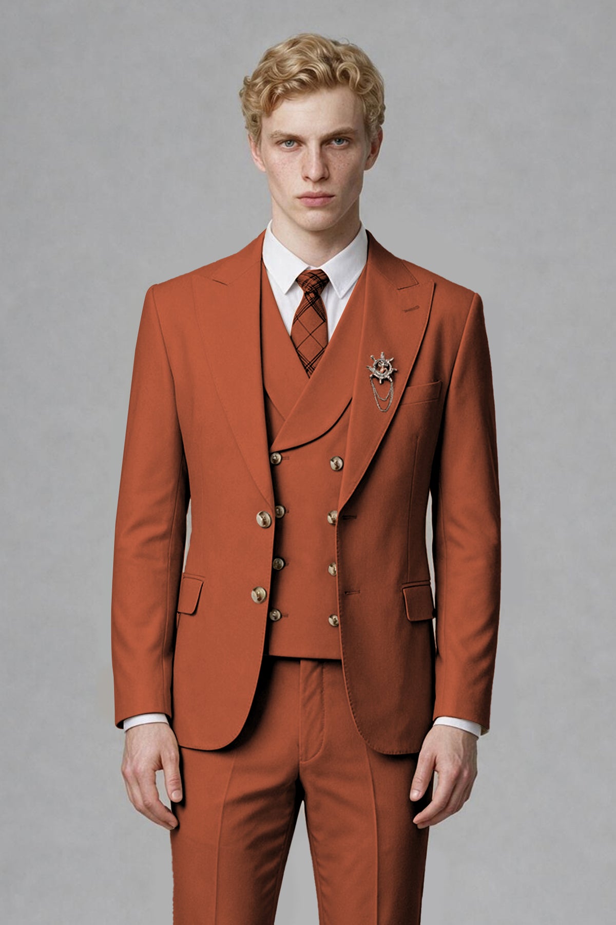 Savile Men's Rust Three-Piece Wedding Suit with Double-Breasted Waistcoat - Rust