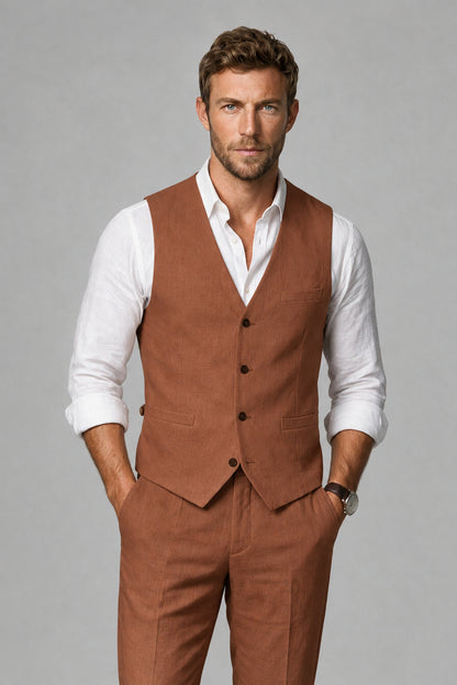 Men's Rust Linen Blend Single-Breasted V-Neck Suit Vest | Savile QX0101 - Rust
