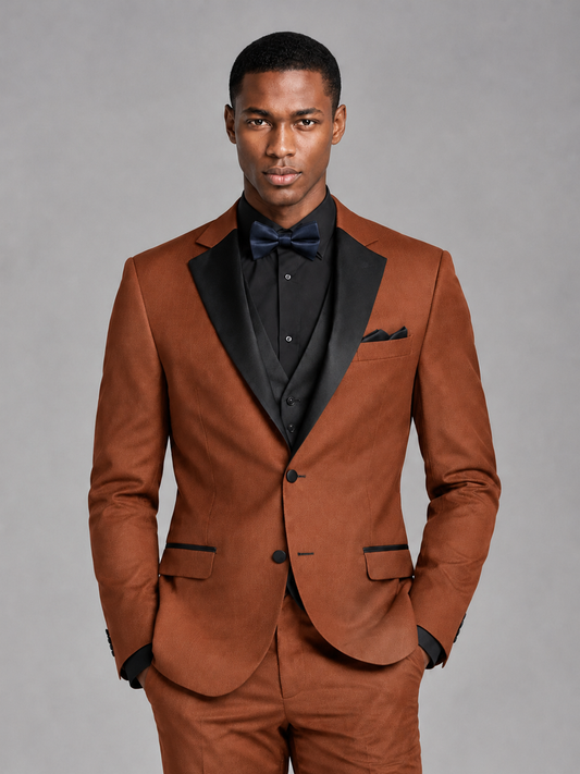 Savile Men's Rust Contrast Shawl Lapel Tuxedo Suit – 3-Piece Wedding, Prom & Black-Tie Formal Set - Rust - Rust_1