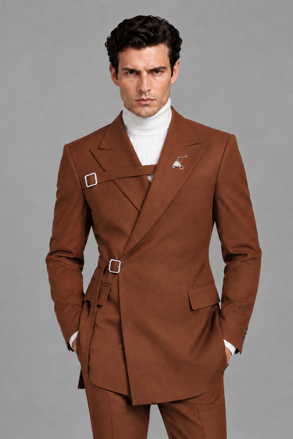 Savile Men's Rust Double Buckle Wrap Belted 2-Piece Suit Set – Peak Lapel Slim-Fit Jacket & Trousers - Rust - Rust_1