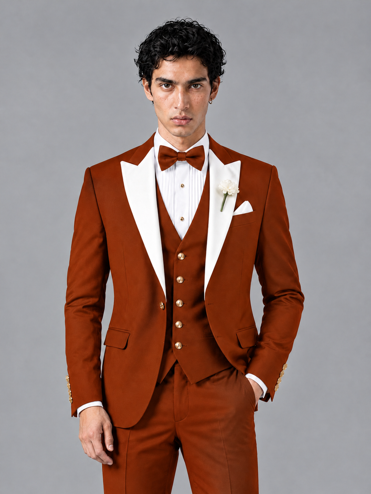 Savile Men's Rust Contrast White Peak Lapel 3-Piece Tuxedo Suit - Rust