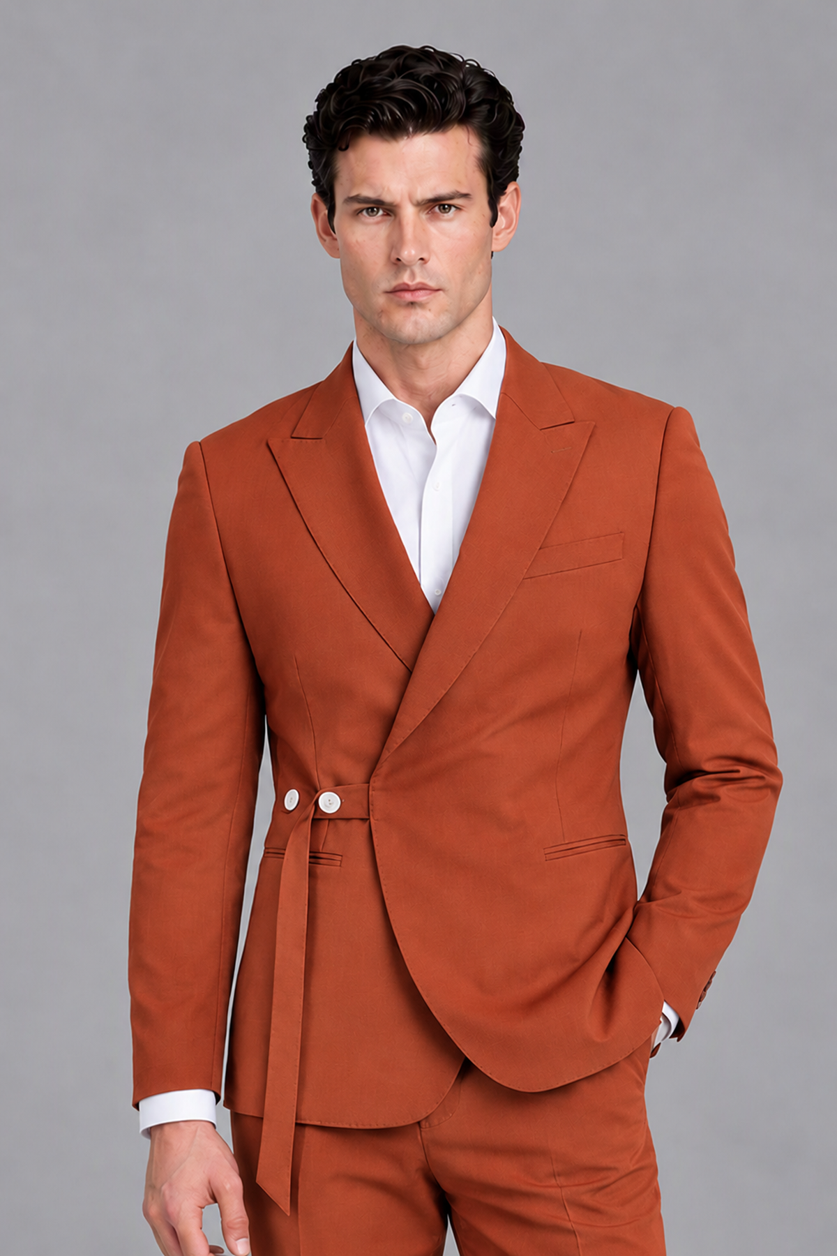 Savile Men's Modern Rust 2-Piece Wrap Suit Set – Peak Lapel Side-Button Blazer & Tailored Trousers - Rust - Rust_1
