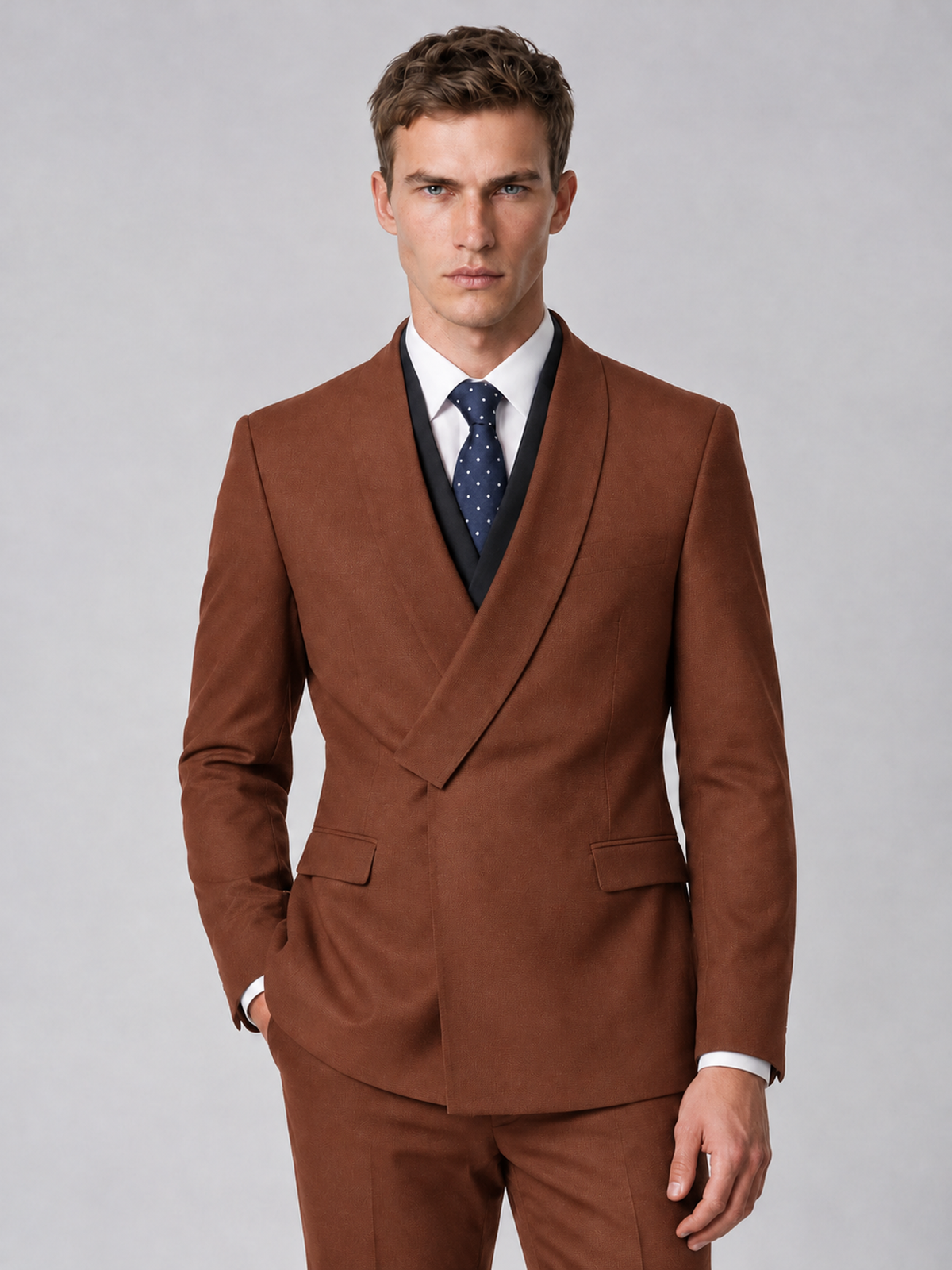 Savile Men's Rust Wrap Shawl Lapel 2-Piece Suit Set – Modern Jacket & Trousers - Rust - Rust_1