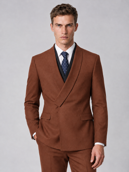 Savile Men's Rust Wrap Shawl Lapel 2-Piece Suit Set – Modern Jacket & Trousers - Rust - Rust_1