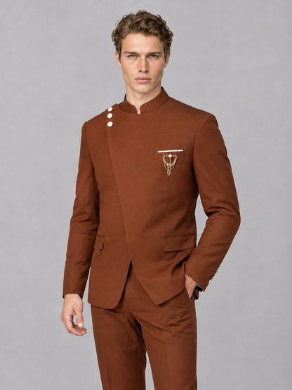 Savile Men's Rust Mandarin Collar Asymmetrical 2-Piece Suit Set – Modern Jacket & Trousers - Rust - Rust_1