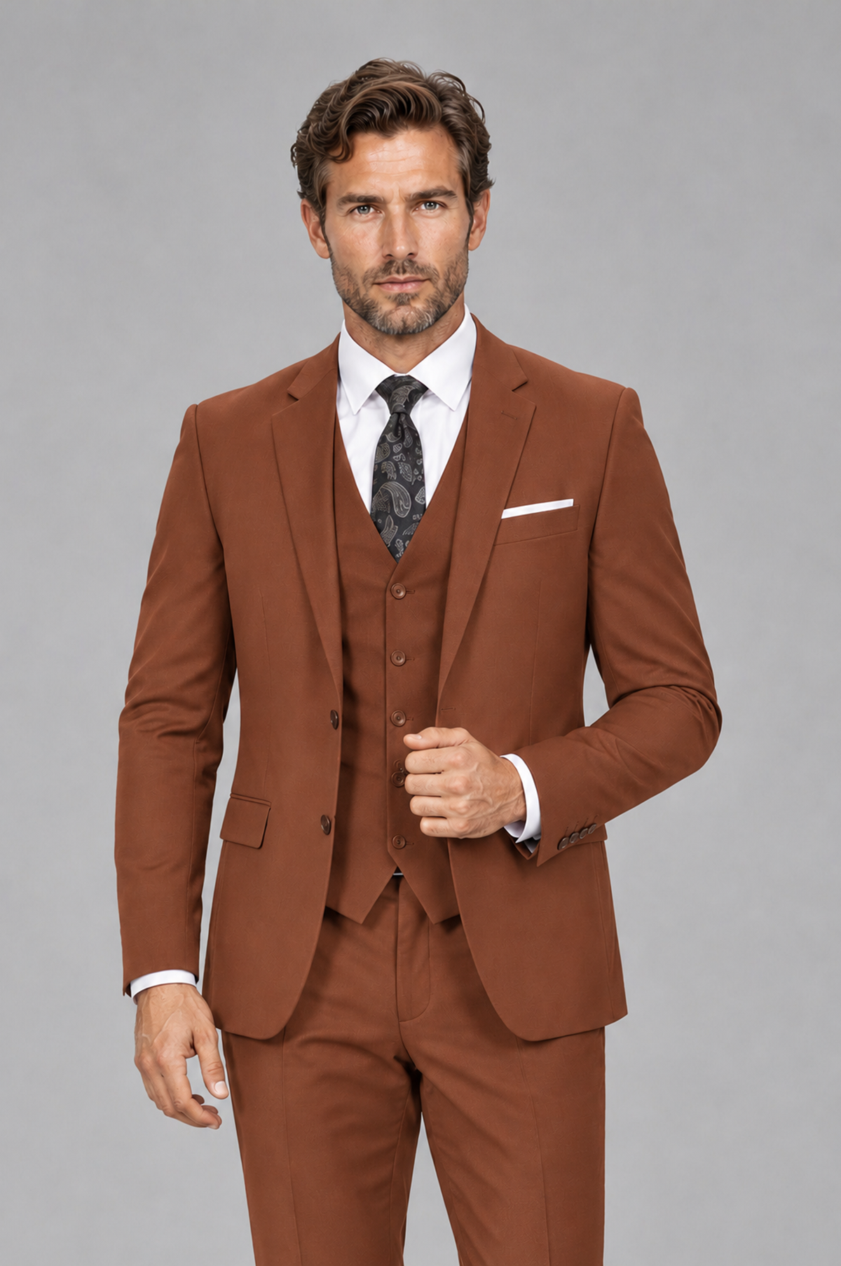 Savile Men's Rust 3-Piece Suit Set – Notch Lapel Blazer, Vest & Trousers - Rust - Rust_1