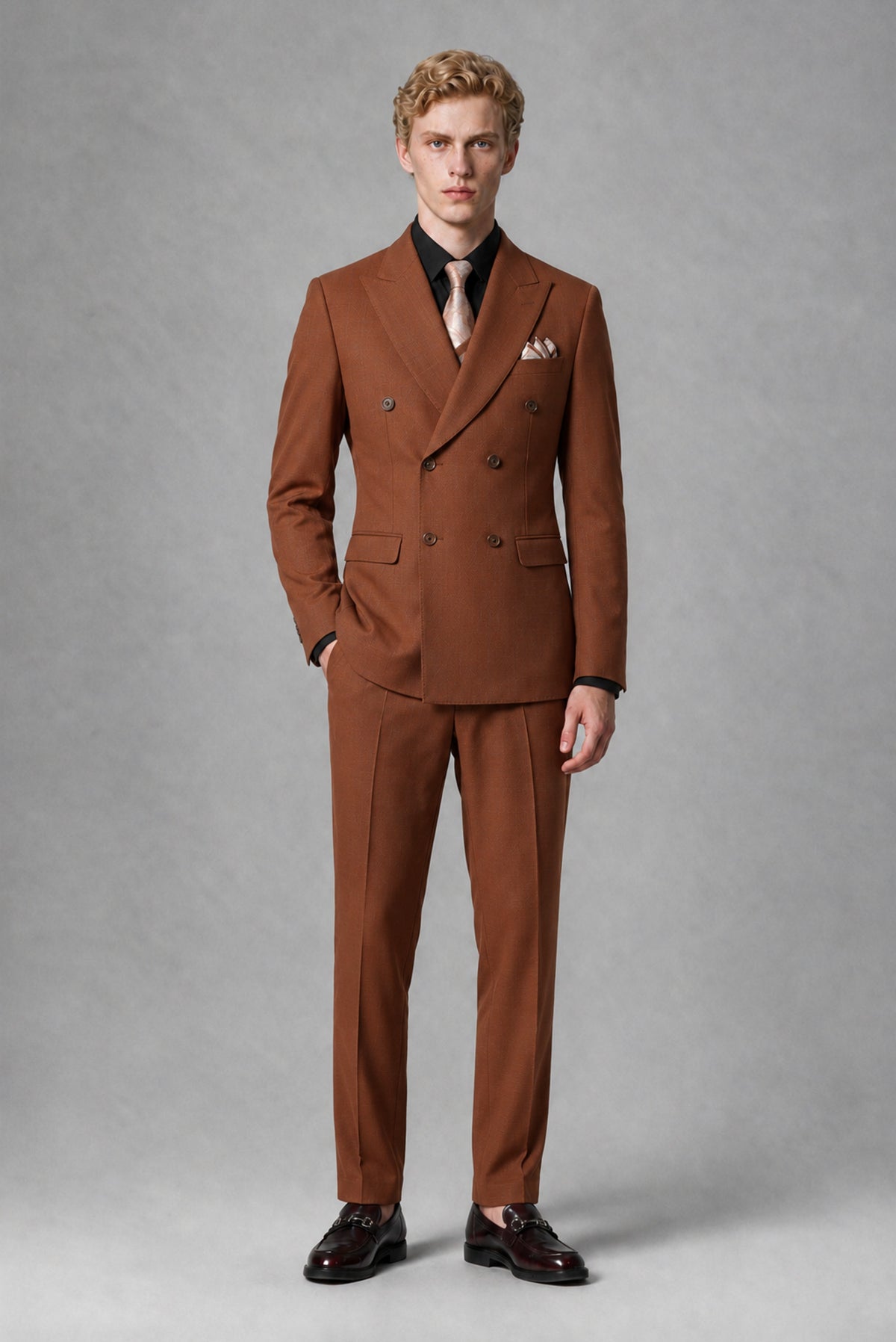 Savile Men's Rust Double-Breasted Two-Piece Suit - Rust