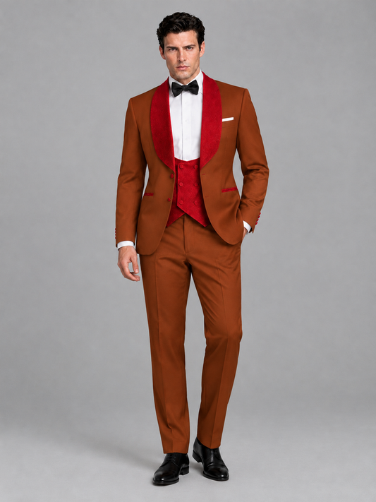 Savile Men's Rust 3-Piece Tuxedo Suit Set – Contrast Red Shawl Lapel Blazer, Red Waistcoat & Trousers - SUC020 - Rust