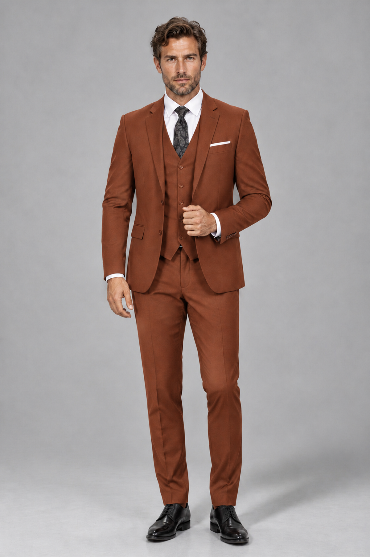 Savile Men's Rust 3-Piece Suit Set – Notch Lapel Blazer, Vest & Trousers - Rust - Rust_2
