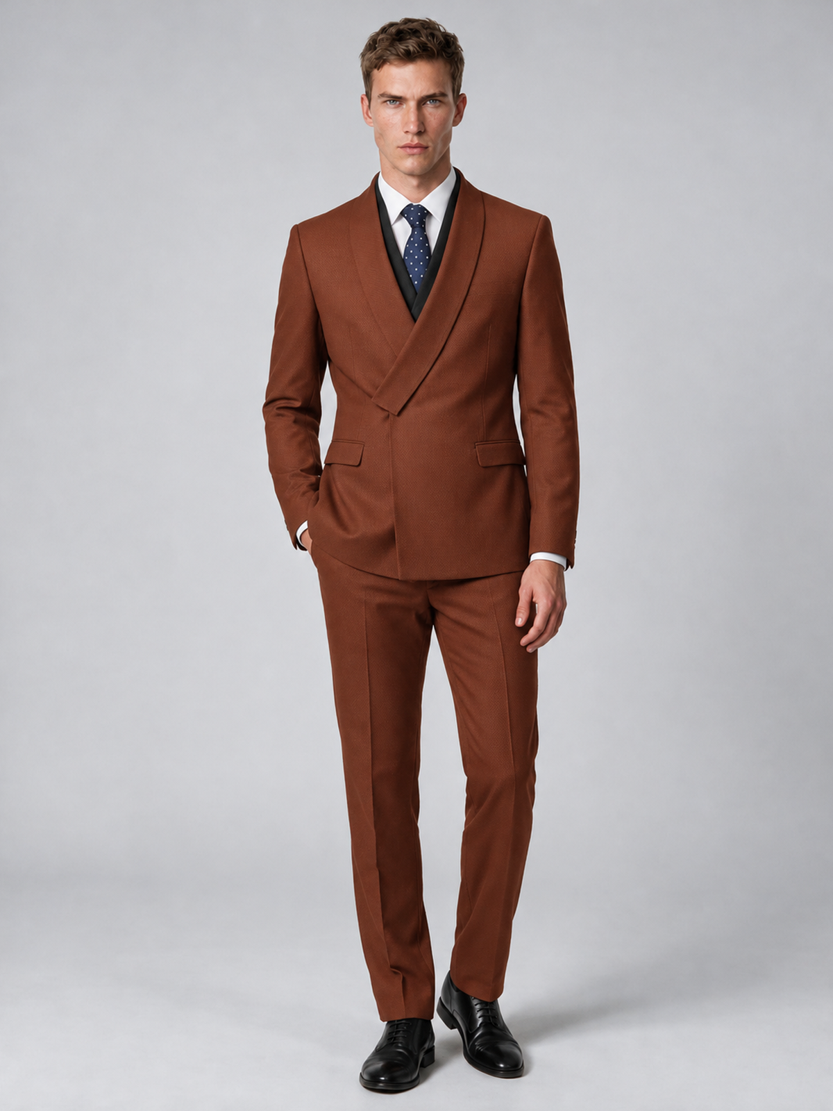 Savile Men's Rust Wrap Shawl Lapel 2-Piece Suit Set – Modern Jacket & Trousers - Rust - Rust_2