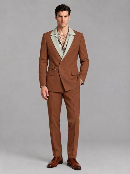 Savile Men's Rust Belted Wrap 2-Piece Suit – Peak Lapel Blazer & Tailored Trousers - SUC060 - Rust - Rust_2