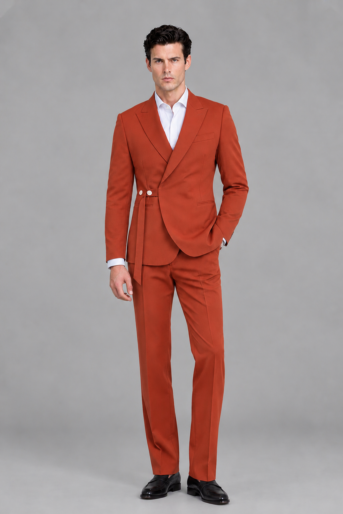 Savile Men's Modern Rust 2-Piece Wrap Suit Set – Peak Lapel Side-Button Blazer & Tailored Trousers - Rust - Rust_2