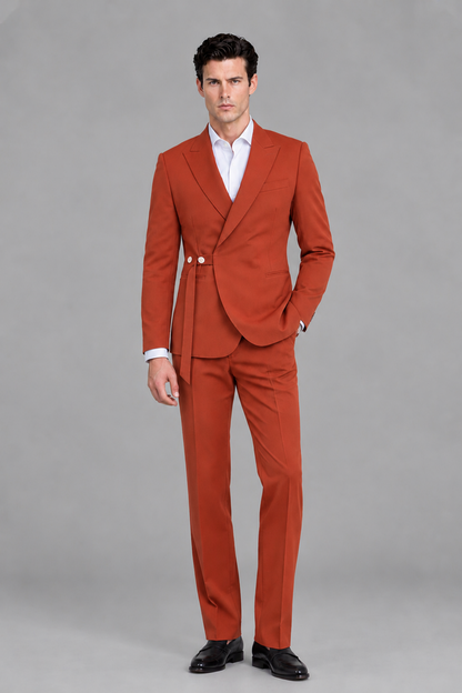 Savile Men's Modern Rust 2-Piece Wrap Suit Set – Peak Lapel Side-Button Blazer & Tailored Trousers - Rust - Rust_2