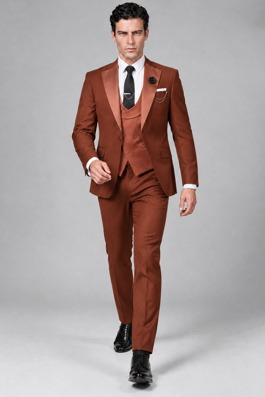 Savile Men's Rust 3-Piece Tuxedo Suit – Contrast Silver Peak Lapel & Grey Vest Formal Set - Rust - Rust_2