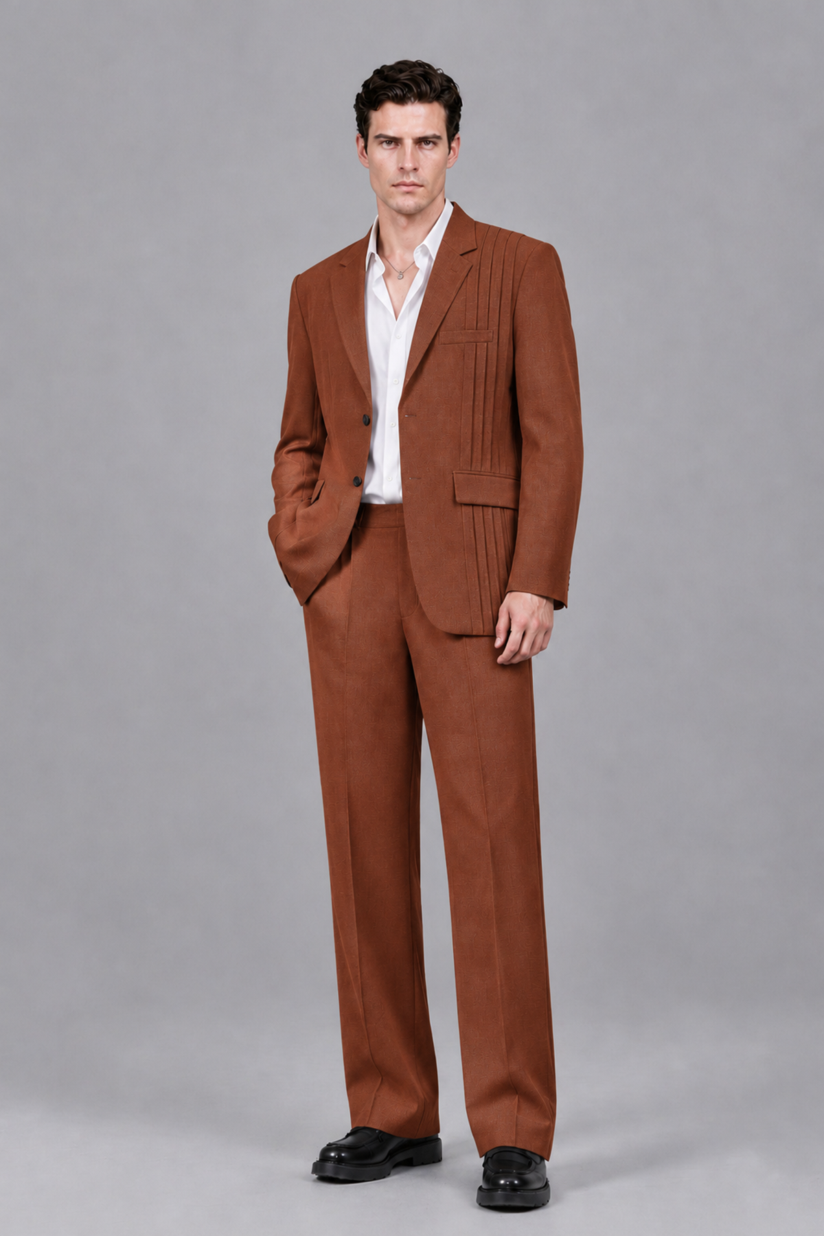 Savile Men's Rust Pleated 2-Piece Suit Set | Notch Lapel Blazer & Tailored Trousers - Rust - Rust_2