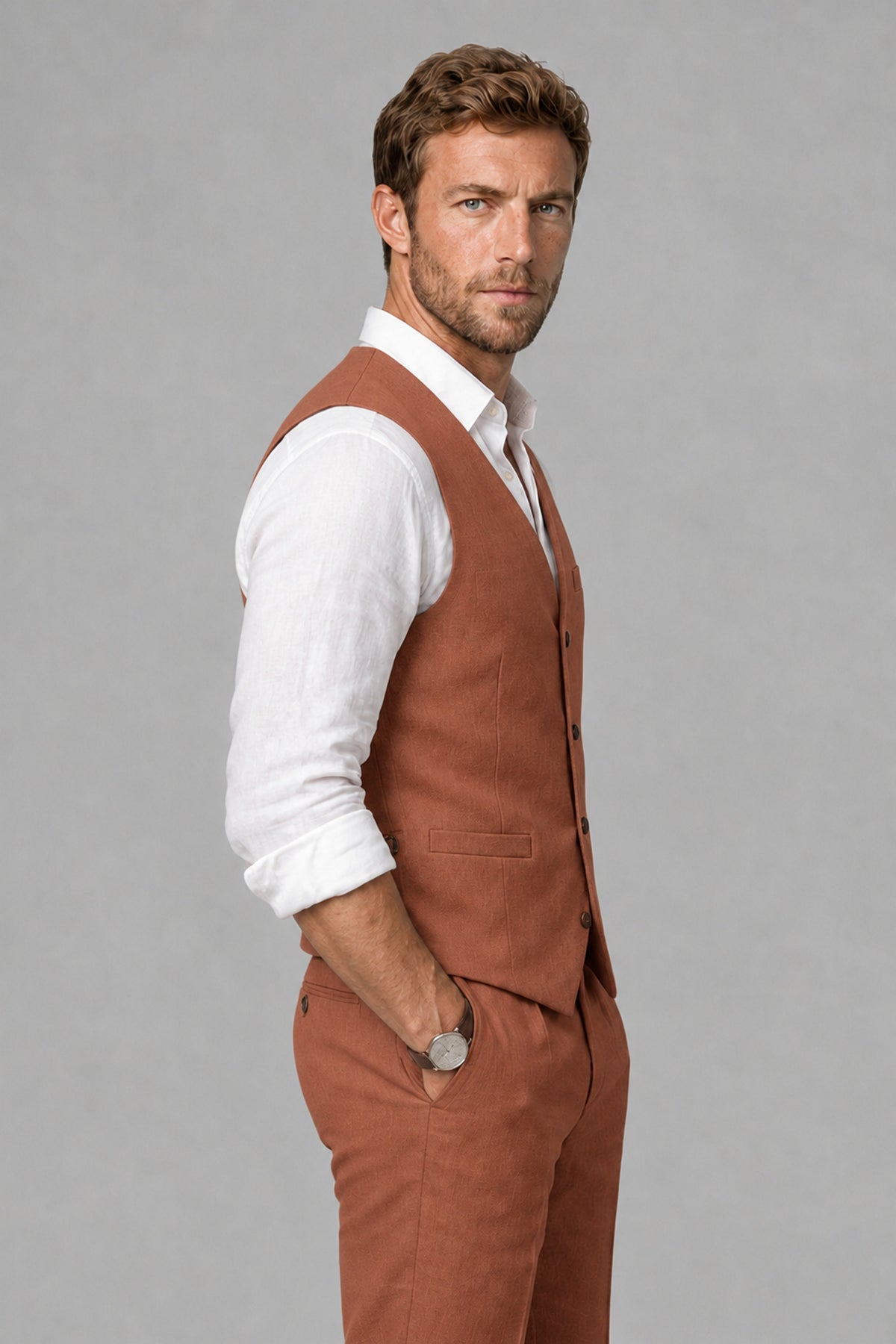 Men's Rust Linen Blend Single-Breasted V-Neck Suit Vest | Savile QX0101 - Rust