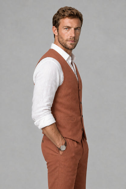 Men's Rust Linen Blend Single-Breasted V-Neck Suit Vest | Savile QX0101 - Rust