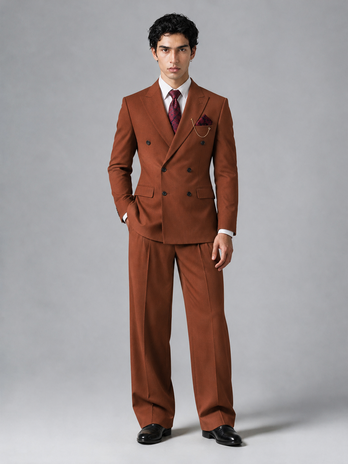 Savile Men's Rust Double-Breasted 2-Piece Suit Set – Peak Lapel Blazer & Pleated Wide-Leg Trousers - Rust - Rust_2