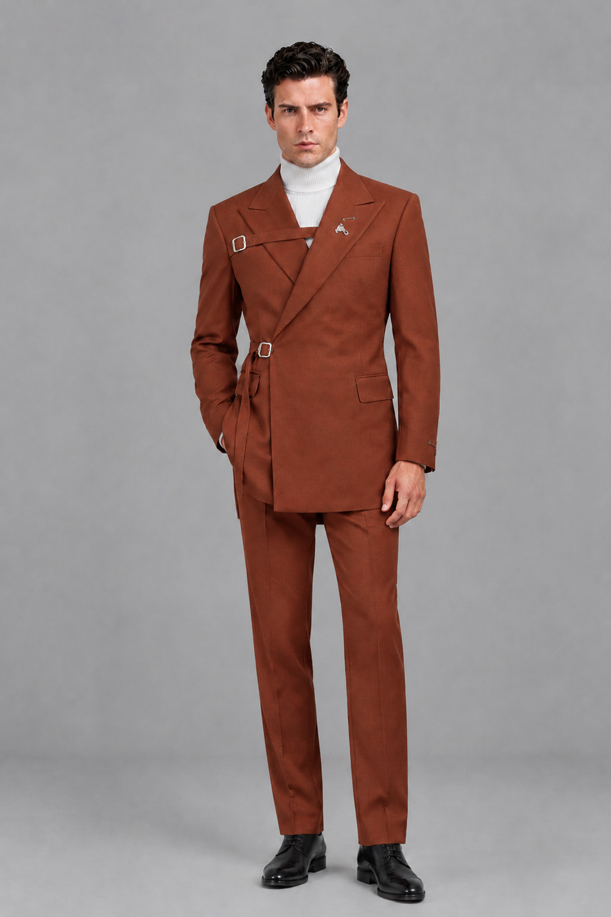 Savile Men's Rust Double Buckle Wrap Belted 2-Piece Suit Set – Peak Lapel Slim-Fit Jacket & Trousers - Rust - Rust_2
