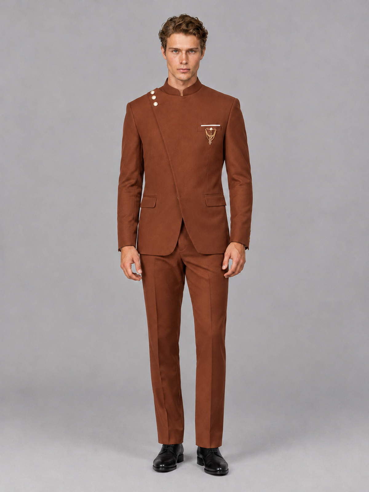Savile Men's Rust Mandarin Collar Asymmetrical 2-Piece Suit Set – Modern Jacket & Trousers - Rust - Rust_2
