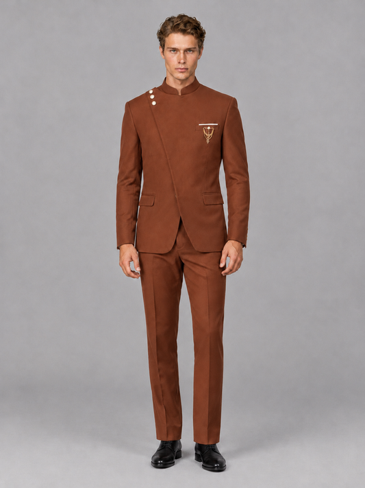 Savile Men's Rust Mandarin Collar Asymmetrical 2-Piece Suit Set – Modern Jacket & Trousers - Rust - Rust_2