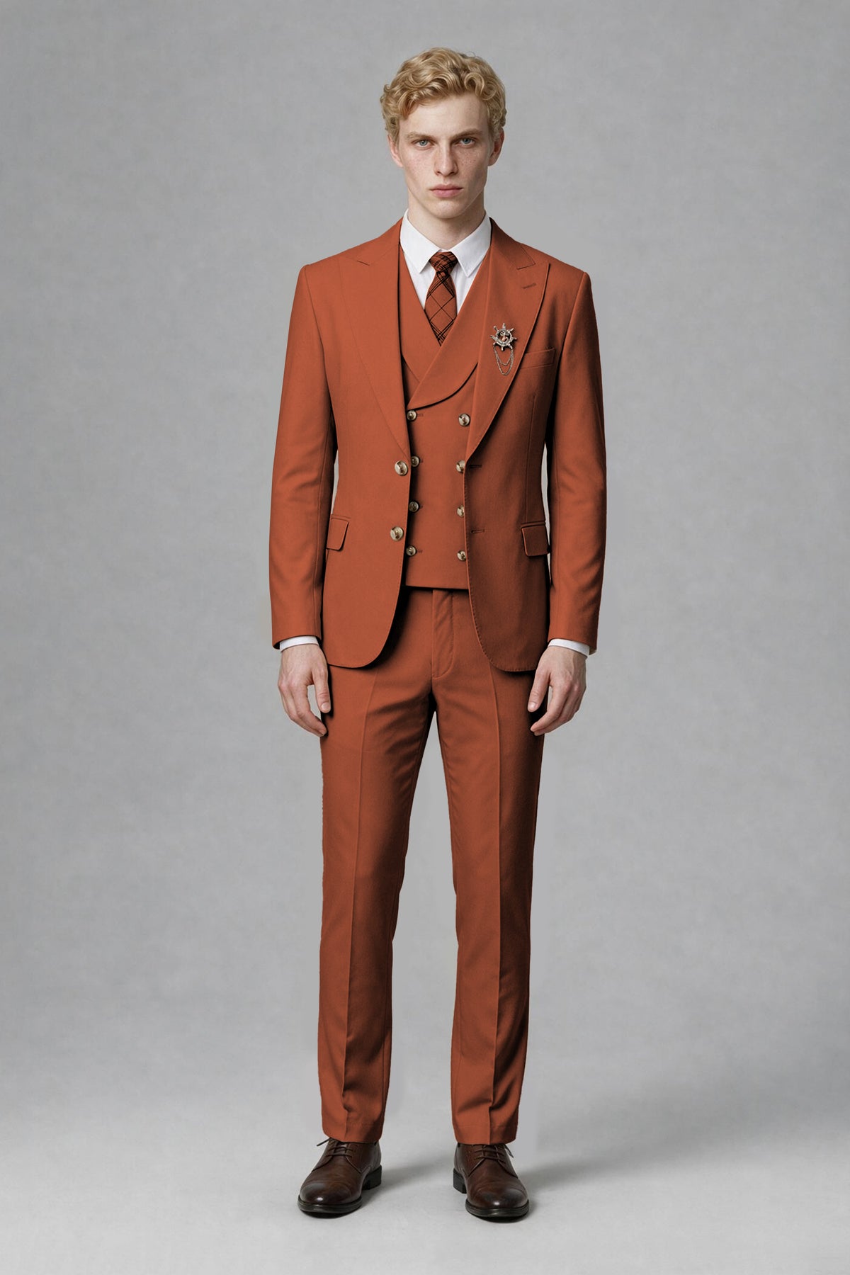 Savile Men's Rust Three-Piece Wedding Suit with Double-Breasted Waistcoat - Rust