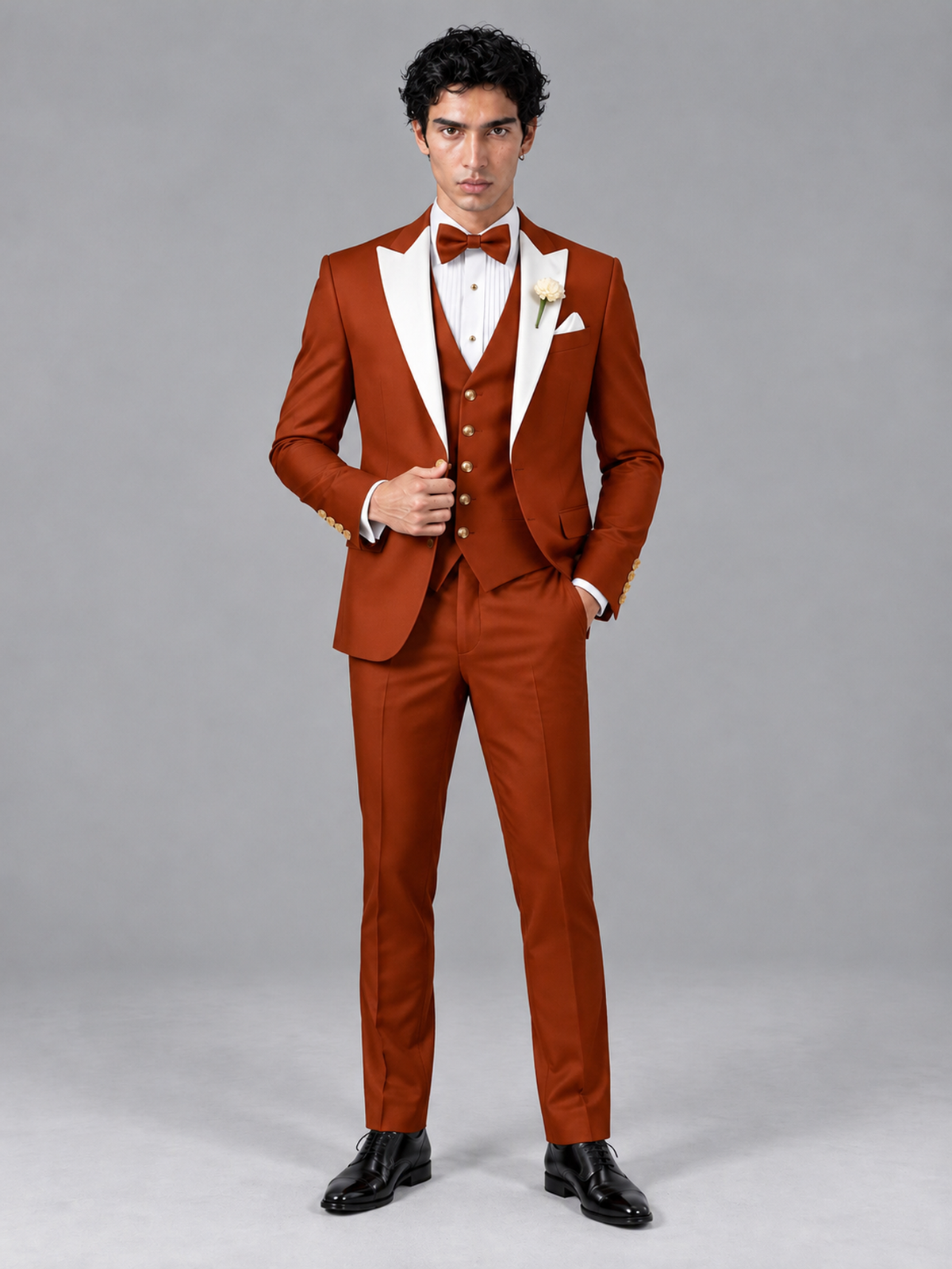 Savile Men's Rust Contrast White Peak Lapel 3-Piece Tuxedo Suit - Rust
