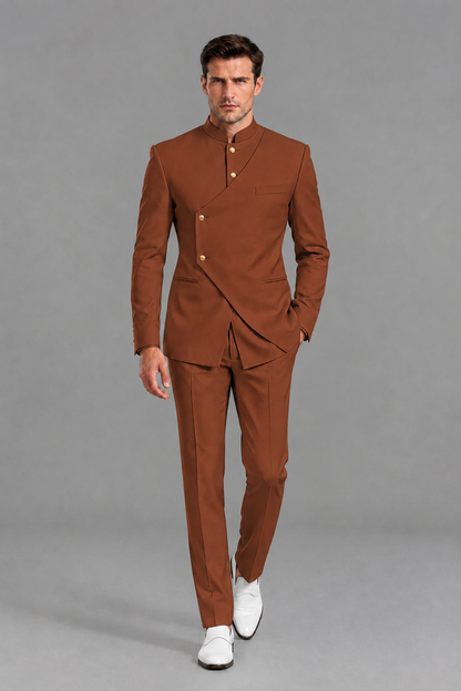 Savile Men's Rust Asymmetrical Mandarin Collar Tuxedo Suit – Modern 2-Piece Gold Button Wedding, Prom & Gala Set - Rust - Rust_2