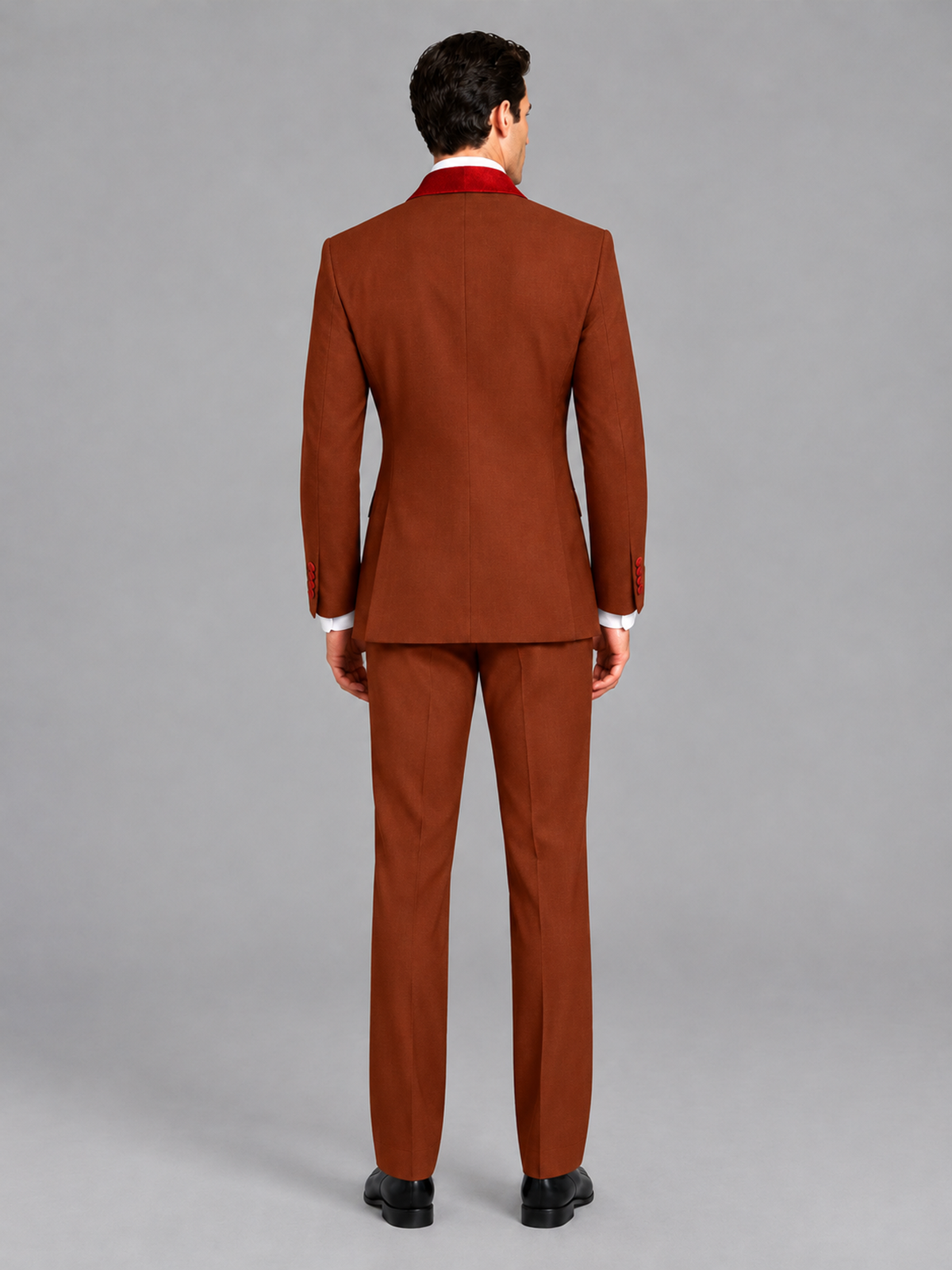 Savile Men's Rust 3-Piece Tuxedo Suit Set – Contrast Red Shawl Lapel Blazer, Red Waistcoat & Trousers - SUC020 - Rust