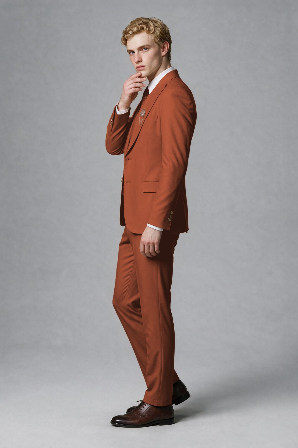 Savile Men's Rust Three-Piece Wedding Suit with Double-Breasted Waistcoat - Rust