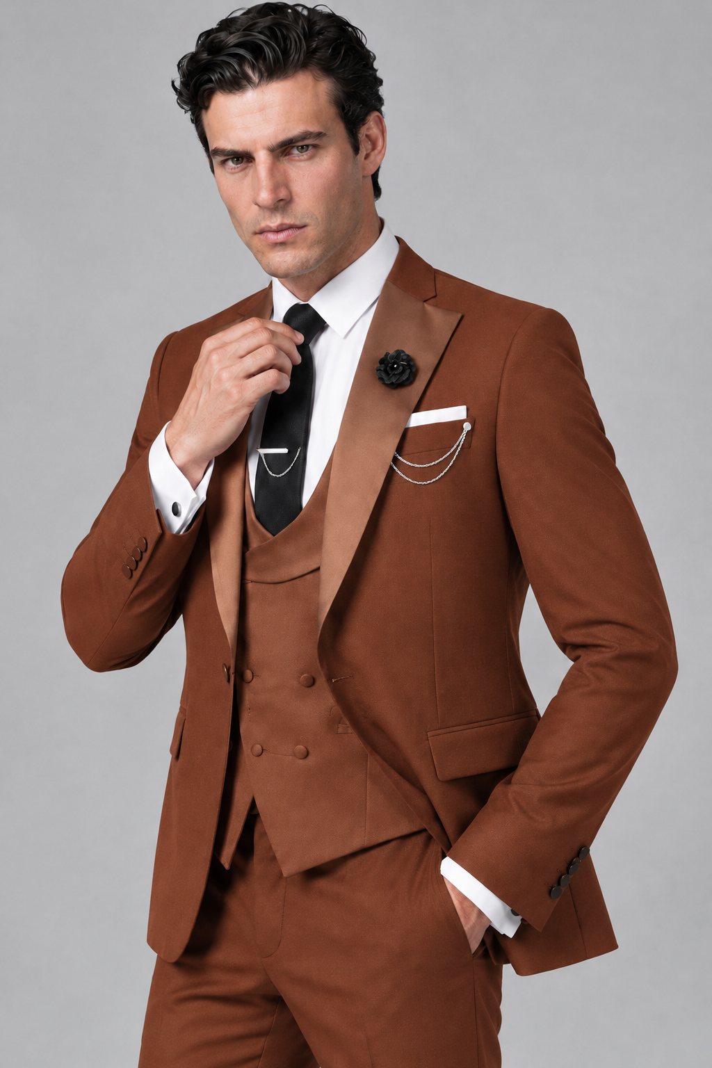 Savile Men's Rust 3-Piece Tuxedo Suit – Contrast Silver Peak Lapel & Grey Vest Formal Set - Rust - Rust_3